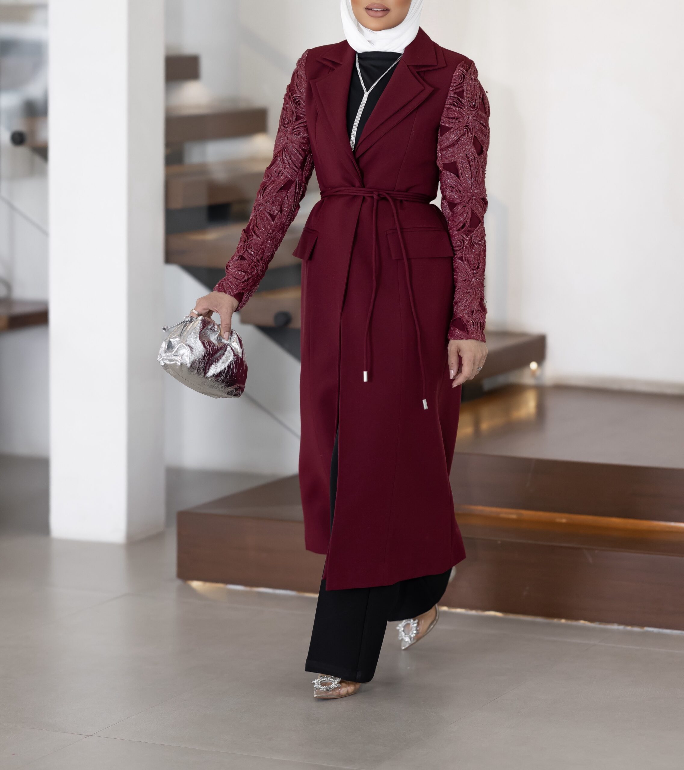 Double Collar Burgandy Long Blazer