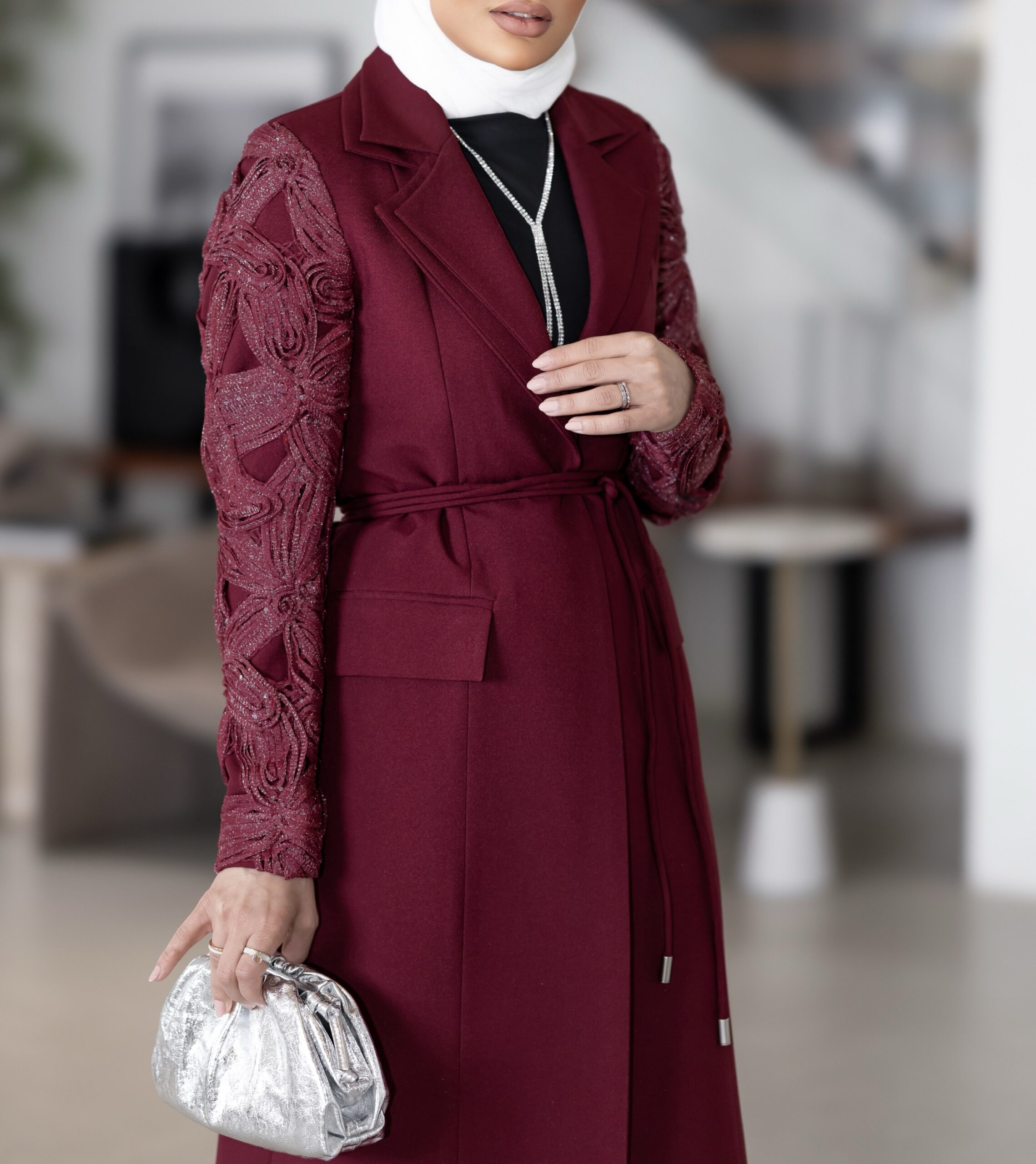 Double Collar Burgandy Long Blazer