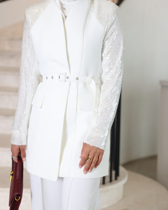 Sequin Sleeve White Short Blazer w Belt