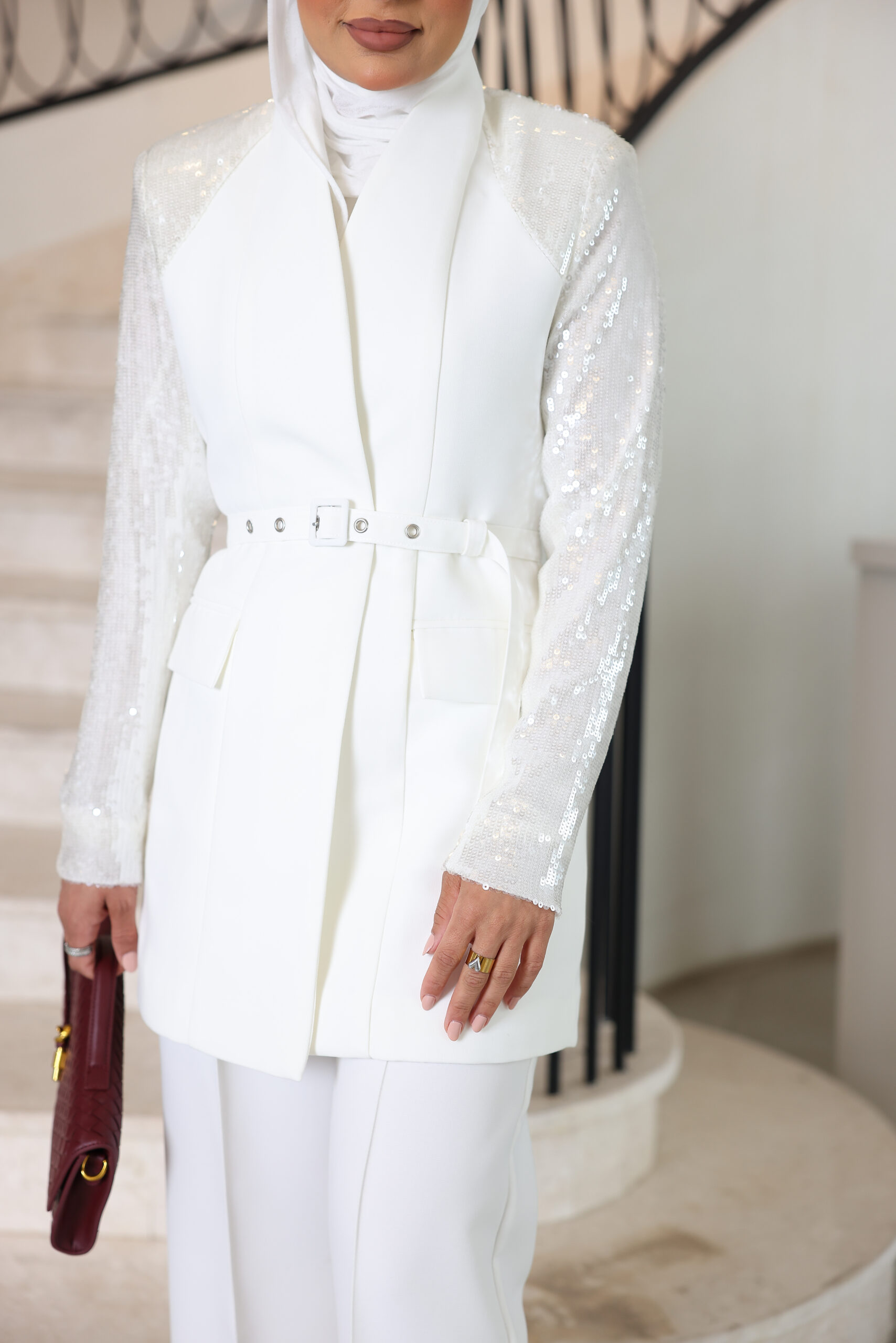 Sequin Sleeve White Short Blazer w Belt