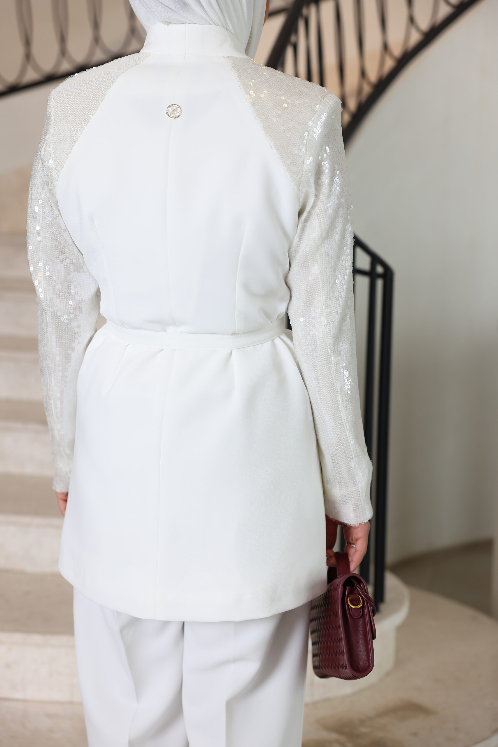 Sequin Sleeve White Short Blazer w Belt