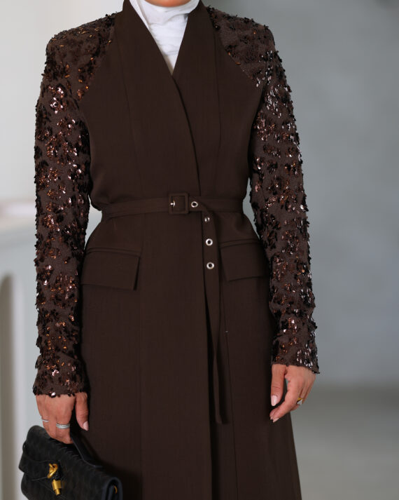 Floral Sleeve Sequin Brown Set