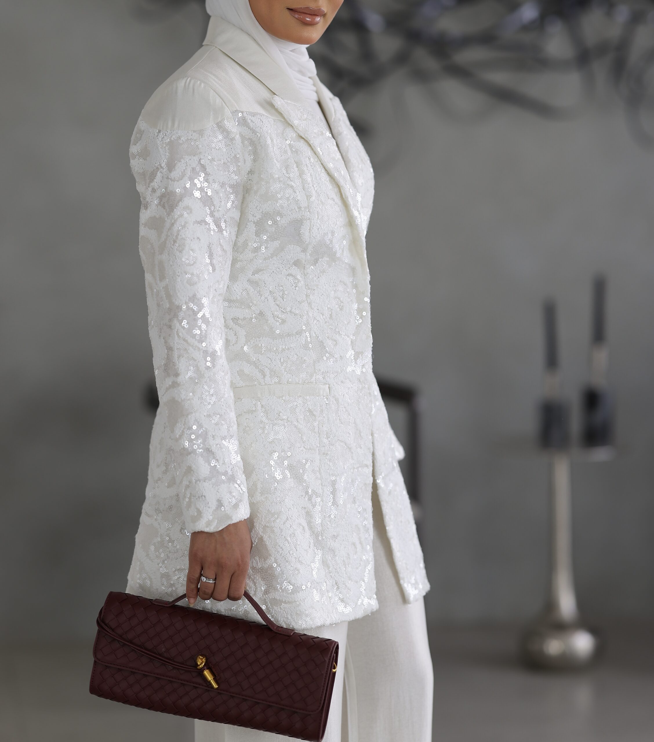 Sequin Floral White Blazer Set