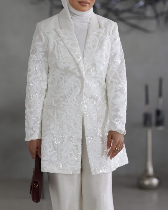 Sequin Floral White Blazer Pants Set