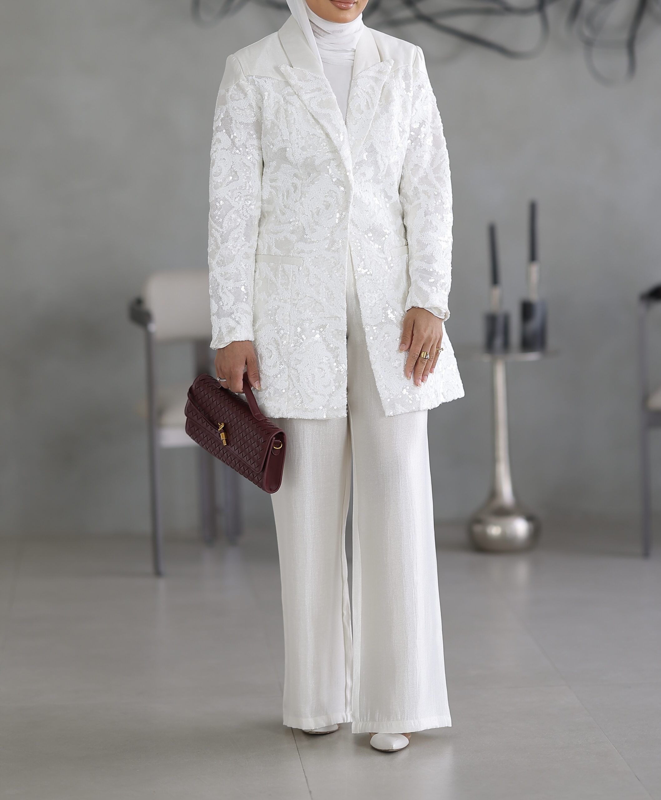 Sequin Floral White Blazer Set