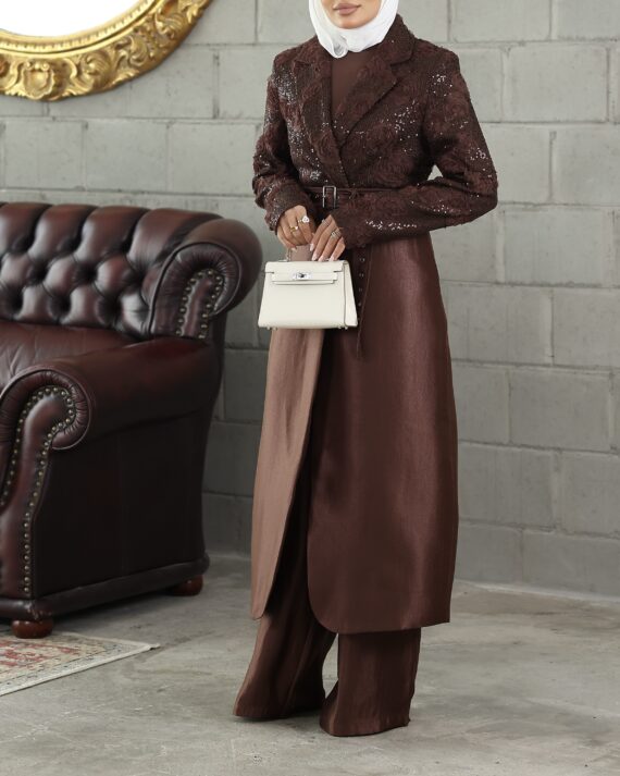 Soft Floral Brown Blazer Set w Belt