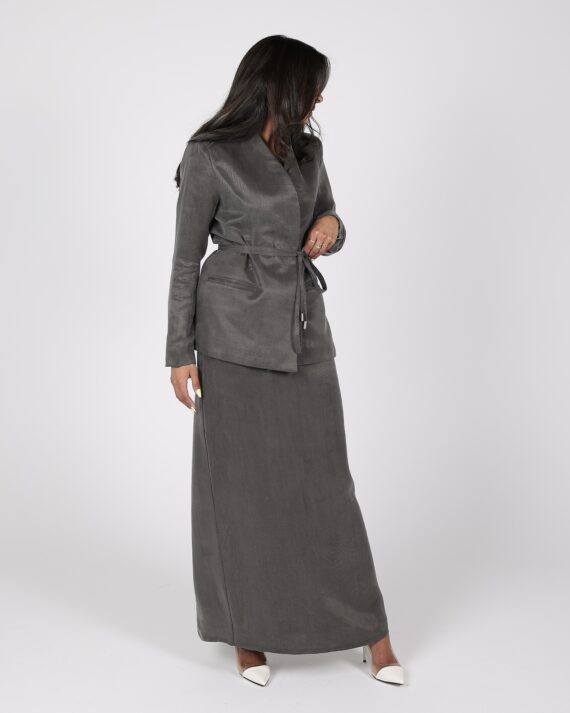 Dark Gray Blazer & Skirt Set w Belt