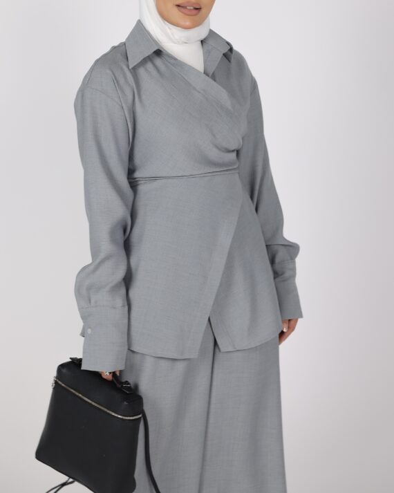 Gray Wrap Top & Draped Pants Set