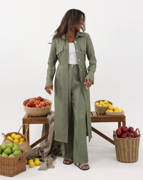 Slit Long Blazer Pants Set 3 (Olive)